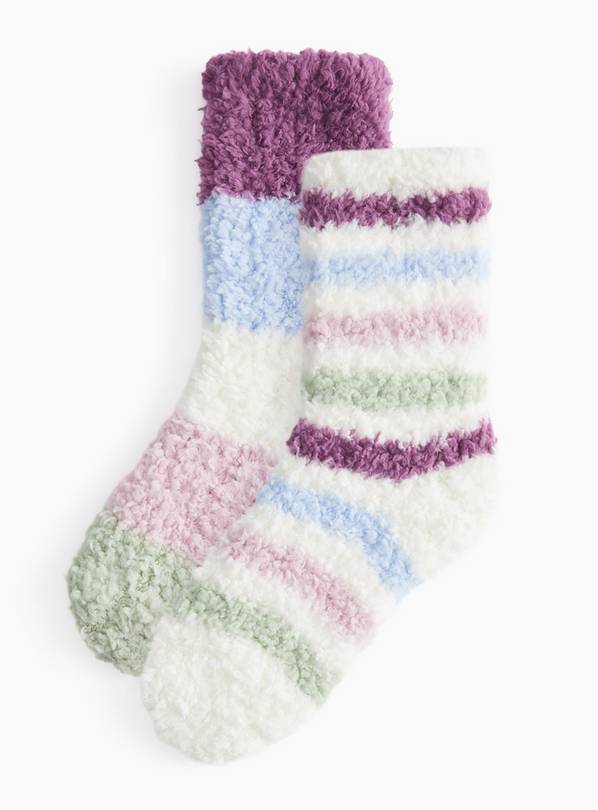 Purple, Pink, Blue & Green Striped Fluffy Socks 2 Pack 4-6.5